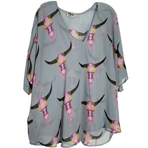 Show Me Your Mumu‎ Women's Grey Bull Skull Sheer  Shook Tunic in Size S